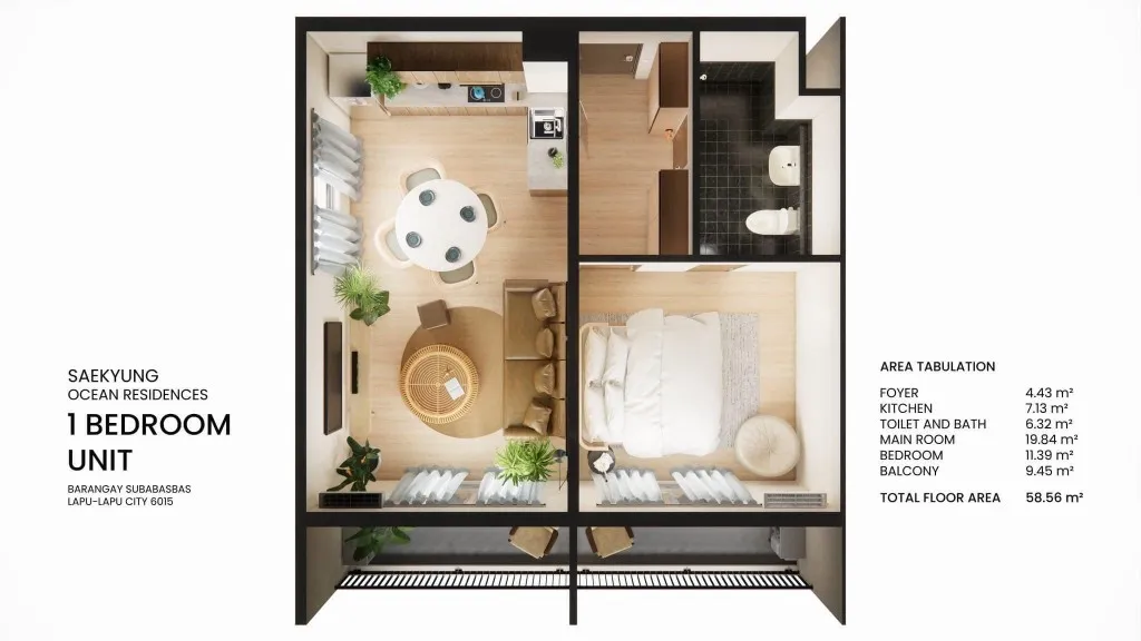 Saekyung Ocean Residences 1-Bedroom with Balcony floor plan, 58.56 m²