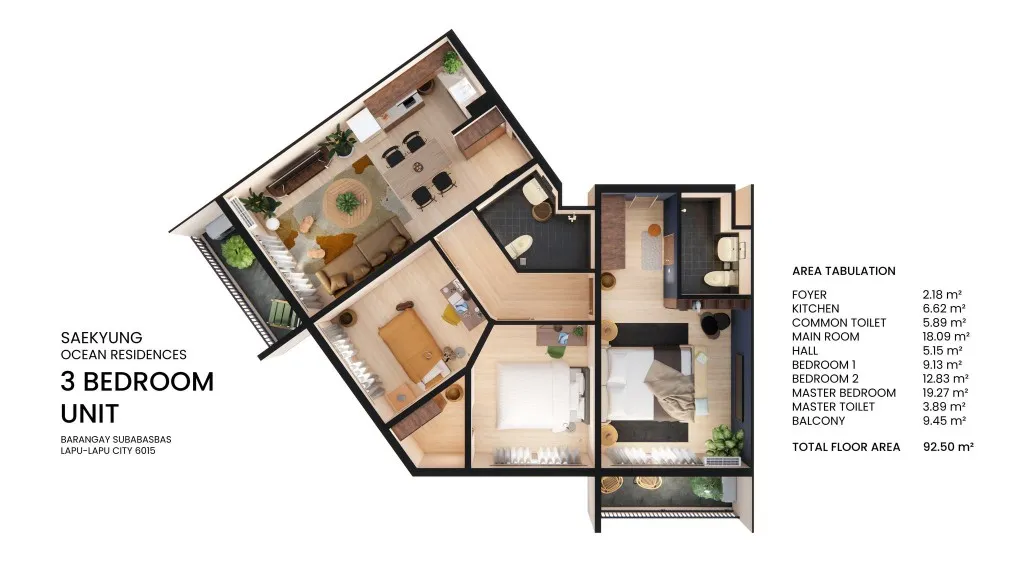 Saekyung Ocean Residences 3-Bedroom Corner floor plan, 92.50 m²