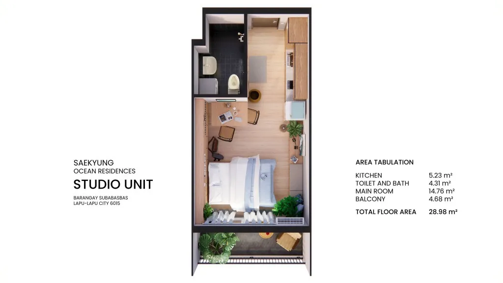 Saekyung Ocean Residences Studio with Balcony floor plan, 28.98 m²